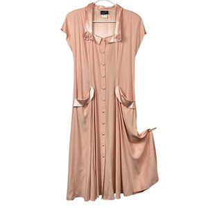 Vintage 90s Wild Rose Full Button Maxi Midi Dress Womens 8 Satin Romantic Bow